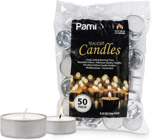 PAMI Premium 50 Pack Long-Lasting Tealight Candles - Unscented Tea Candles with 2.5 Hours Burning Time- Paraffin Tealights with Beautiful Flame- Round Candles Perfect for Votive Candle Holders in Saudi Arabia