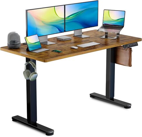 Electric Adjustable Standing Desk, 55 * 24 Inch Adjustable Computer Desk for Home Office and Gaming, Sit to Stand Desk with 3 Memory Presets, Headphone Hook,Brown in Saudi Arabia
