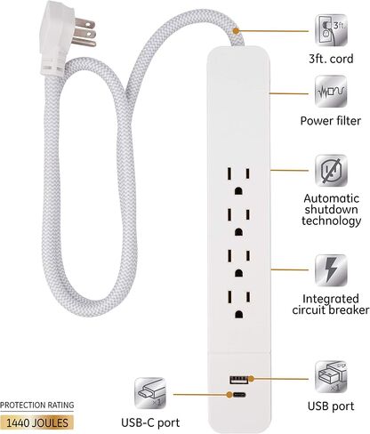 GE UltraPro 4 Outlet Surge Protector, USB-C Charging, 3 ft Designer Braided Cord, 1060 Joules, Compatible w/ iPhone 12/11/Pro/Max/Xs/XR/X/8, Samsung Galaxy S21/S10/S9/Plus, Google Pixel, White, 41354 in Saudi Arabia