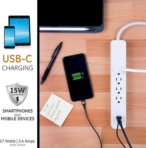 GE UltraPro 4 Outlet Surge Protector, USB-C Charging, 3 ft Designer Braided Cord, 1060 Joules, Compatible w/ iPhone 12/11/Pro/Max/Xs/XR/X/8, Samsung Galaxy S21/S10/S9/Plus, Google Pixel, White, 41354 in Saudi Arabia