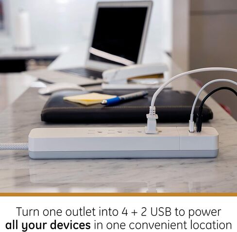 GE UltraPro 4 Outlet Surge Protector, USB-C Charging, 3 ft Designer Braided Cord, 1060 Joules, Compatible w/ iPhone 12/11/Pro/Max/Xs/XR/X/8, Samsung Galaxy S21/S10/S9/Plus, Google Pixel, White, 41354 in Saudi Arabia