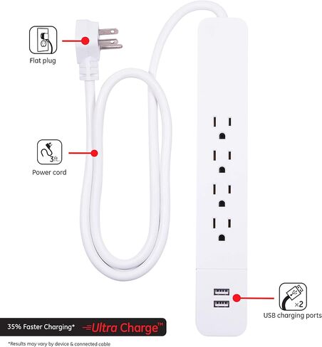 GE UltraPro 4 Outlet Surge Protector, USB-C Charging, 3 ft Designer Braided Cord, 1060 Joules, Compatible w/ iPhone 12/11/Pro/Max/Xs/XR/X/8, Samsung Galaxy S21/S10/S9/Plus, Google Pixel, White, 41354 in Saudi Arabia