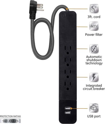 GE UltraPro 4 Outlet Surge Protector, USB-C Charging, 3 ft Designer Braided Cord, 1060 Joules, Compatible w/ iPhone 12/11/Pro/Max/Xs/XR/X/8, Samsung Galaxy S21/S10/S9/Plus, Google Pixel, White, 41354 in Saudi Arabia
