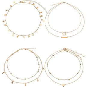 BBTO 4 Pieces Layered Pendant Choker Necklace Gold Layering Chain Choker for Women Girls (Style A)