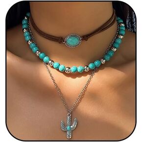 Atiptu Layered Western Necklaces for Women Vintage Turquoise Beaded Leather Choker Necklace Country Concert Cowgirl Dresses Accessories Western Jewelry