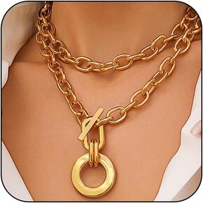 Chunky Gold Link Statement Choker Necklace for Women Trendy Layered Large Chain Pendant Necklaces Vintage Punk OT Buckle Oversized Plus Size Jewelry Gift