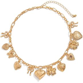 Gold Heart Charm Necklaces for Women Trendy Chunky Puffy Heart Choker Charms Necklace With Different Heart and Bow Fashion Jewelry Gift