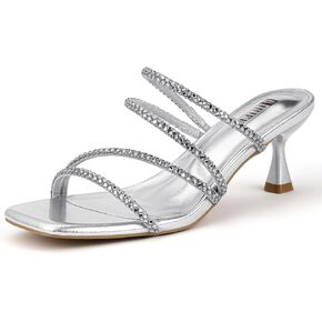 IDIFU IN2 Rhinestone Heels Strappy Low Kitten Square Open Toe Mule Heels Wedding Bridal Prom Party Dress Shoes for Women Comfortable Dressy Formal Sparkly Slip On Heeled Sandals