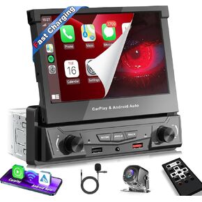 【SOOEMAKA】Single Din Flip Out Touchscreen Car Stereo with Wireless Carplay&Android Auto ,7 inch QLED Motorized Flip up Screen Upgrade Fast Charging/2.4G+5G Dual wifi/AM/FM/DSP/AHD Camera/Bluetooth/SWC