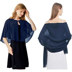 Ciormis Navy Blue Chiffon Shawls Bundle with Navy Blue Chiffon Capelets Shrug - 2 Pack - Ladies Formal Shawls and Wraps for Evening Dress