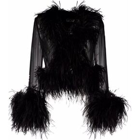 FE-19 See-Through Top with Real Feather Collar and Cuffs Silk Shirt for Women Sexy Girls Jacket