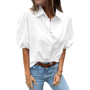 LAYOGAS Womens Short Puff Sleeve Tops V Neck Collared Button Down Shirt Dressy Casual Blouses
