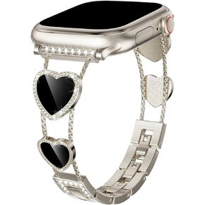 Slim Metal Bands Compatible with Apple Watch Bands for Women 38/40/41/42/44/45/46/49mm, Cute Heart-shape Sparkle Diamond Stainless Steel Strap for iWatch Series SE/10/9/8/7/6/5/4/3/2/1