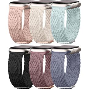 6 Pack Braided Stretchy Solo Loop Compatible with Apple Watch Bands 40mm 38mm 44mm 45mm 41mm 42mm 46mm 49mm for Women Men, Adjustable Nylo Sport Bands for iWatch Series 10 9 Ultra 8 7 6 5 4 SE