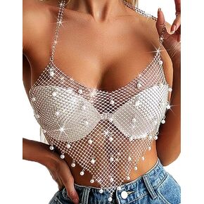Uranian Rhinestone Mesh Crop Top Sexy Pearl Body Chains for Women See Through Mesh Top Bikini Cover Up for Beach Rave Festival Party