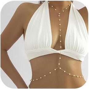 Denifery Boho BRA BODY CARNING PEARL LUNG Stain Necklace Sexy Crossover Harness Chest Chest Chain Summer Bikini Chain Chain Dainty Belly Chain for Women (GoldB)
