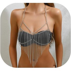 Multi-layerd Metal Tassel Chest Body Chain Summer Beach Heart Body Chain Jewelry Punk Tassel Bra Body Chain Jewelry for Women