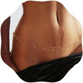 Rhinestone Waist Chain Gold Heart Tassel Body Chain Adjustable Belly Beads Beach Bikini Belt Chain Jewelry for Women