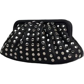 Womens Small Black PU Leather Clutch Bag Metal Studs Magnetic Closure Evening Party Purse Edgy Handbag Wallet