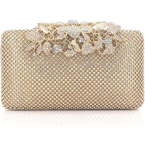 Dexmay Rhinestone Crystal Clutch Evening Bag with Flower Clasp Women Purse for Wedding Iridescent Gold