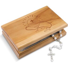 First Communion Valet Box Wooden Jewelry Box with Felt Lining 7.5 x 4.7 x 1.6 Inch Personalized First Holy Communion Gifts for Religious Keepsakes and Rosary Beads Storage