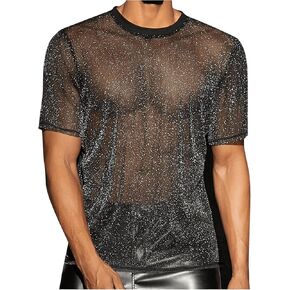 WDIRARA Men's Glitter Mesh Sheer T Shirt Rave See Through Shirt Short Sleeve Top Tee
