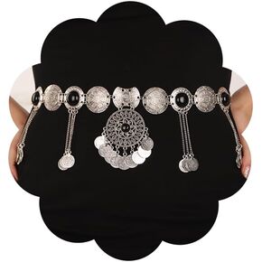 Jumwrit Silver Layered Metal Waist Chain Long Flower Coin Pendant Tassel Belly Chain Shiny Rhinestone Vintage Hollow Carving Chain Belt Punk Rave Chunky Boho Beach Heavy Body Chain for Women