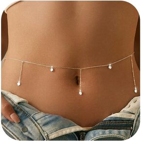 CZ Tassels Waist Chain for Women 925 Sterling Silver 14K Gold Plated Adjustable Sexy Boho Bikini Body Chain Belly Chains Hypoallergenic Waterproof Summer Beach Parties Jewelry Graduation Gifts