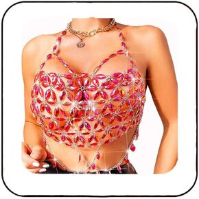 Aukmla Red Rhinestons Bra Bra Top Silver Halter Crystal Chest Body Cains Beach Bikini Tops Lightclub Crops for Women