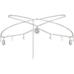 HAQUIL Vintage Silver Double Layer Sun Moon Women Metal Chain Belt Adjustable Waist Link Belt Waistband Chain