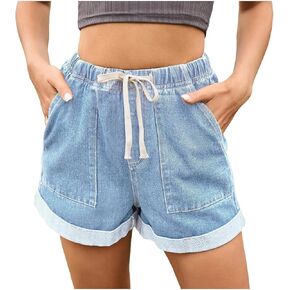 Womens Casual Denim Shorts Elastic Waist Drawstring Comfy Summer Beach Outdoor Jean Shorts