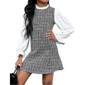 WDIRARA Girl's Plaid Stand Collar Long Sleeve Pattern Flounce Sleeve Frill Trim 2 in 1 Tweed Dress