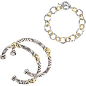 TAYASE 3PCS Two Tone Bracelet Set for Women, Designer Inspired Cable Bangle & Chain Link Bracelets, Silver Gold Mixed Metal Fashion Jewelry Set with Toggle Clasp (Bracelet B STYLE)