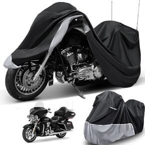 Heavy Duty Motorcycle Cover Waterproof with Side Top Box Fit Touring Models Harley Davidson Cover, 420D Oxford-Stoff & Reflective Strips for Outdoor All Weather Protection, with Storage Bag