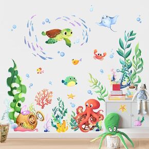 Supzone Under The Sea Wall Decals Ocean Whale Shark Turtle Seaweed Wall Stickers for Kids Toddlers Bedroom Living Room Baby Nursery Wall Decor