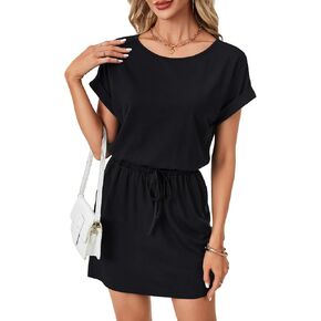 Vrtige Women's Casual Spring Summer Drawstring Mini Dress Knit Patch Color Short Sleeve Crewneck Shirt Dress