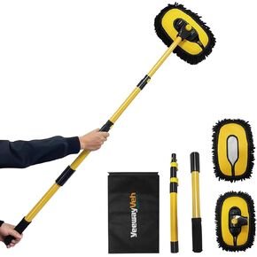 Car Wash Brush Mop with Long Handle, 55" Car Wash Brush with 2 Replaceable Microfiber Mop Heads, 15° Curved Extension Pole Auto Cleaning Wash Kit for Truck SUV RV Camper, Yellow