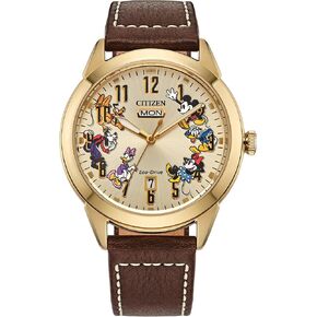 Citizen Men's Eco-Drive Disney Mickey Mouse & Friends, Gold Tone Stainless Steel Watch, Brown Leather Strap, 3 Hand, (Model: AW0093-044)