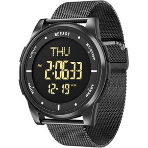 Beeasy Unisex Digital Watch Fashion Sleek Minimalist Mesh Stainless Steel with Alarm Waterproof Chronograph Watches for Men/Women with Auto Date