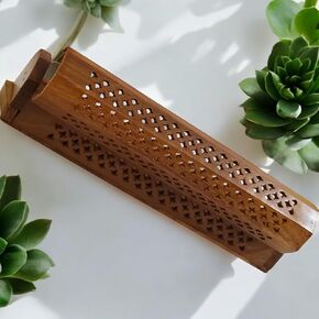 Wooden Incense Burner Box with Jali Design, 12 inch Storage Container