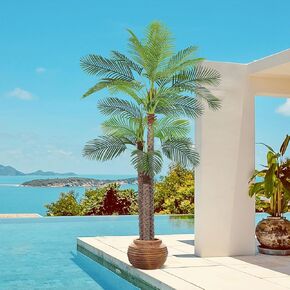 8ft Large Artificial Palm Tree for Outdoors Faux Triple Phoenix Palm with 30 Leaves,96 Inch Tall Fake Tropical Palm Tree for Patio,Poolside,Garden,Home Office Indoor Decor(8feet,1Pack)