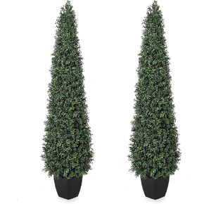 Artificial Boxwood Topiary Trees - Cone Shape Fake Plant with Modern Black Planter, 4FT Faux Outdoor Plants for Indoor Front Porch Plants Set of 2