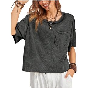 Women's Oversized Short Sleeve Tshirts Patchwork Crew Neck Drop Shoulder Baggy Shirts with Pocket