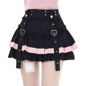 Women's Casual Fashion High Waist A-line Mini Skirt Y2K Cute Suspenders Decoration Splicing Pleated Skirt