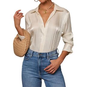Button Down Shirts for Women Business Casual Fitted Tops Long Sleeve V-Neck Work Blouse Formal