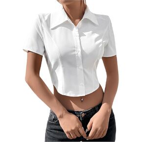 SHENHE Women's Button Up Short Sleeve Collared Asymmetrical Cropped Shirt Top Blouse