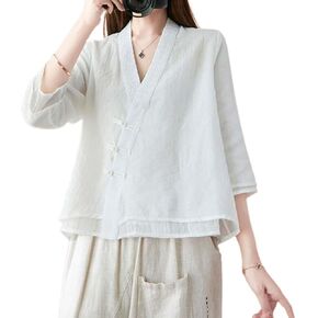 Hanfu Linen Loose Blouse 3/4 Sleeve V Neckline Chinese Traditional Clothes with Button Tops Summer A05