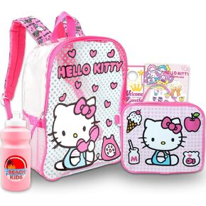 Hello Kitty Clear Backpack with Lunch Box - Bundle with 16" Clear Backpack for Girls, Lunch Bag, Water Bottle, Tattoos, More | Transparent Hello Kitty Backpack for Kids School Supplies