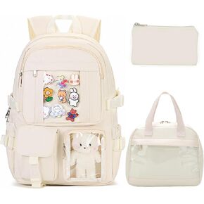 Girls Backpack with Lunch Box Cute backpack for Middle High School Kawaii Aesthetic Bookbag for Teens（Beige）