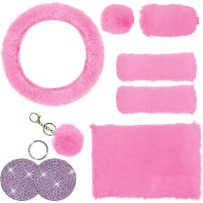 10PCS Fluffy Car Accessories Set, Furry Steering Wheel Cover with Warm Fuzzy Gear Shift Cover Ball Keychain Handbrake Cover Console Seat Belt Shoulder Pads & Diamond Ignition Ring Cup Mats (Red)